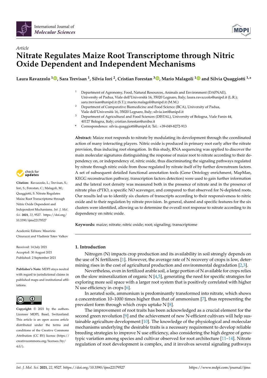 Nitrate Regulates Maize Root Transcriptome Through Nitric Oxide Dependent and Independent Mechanisms