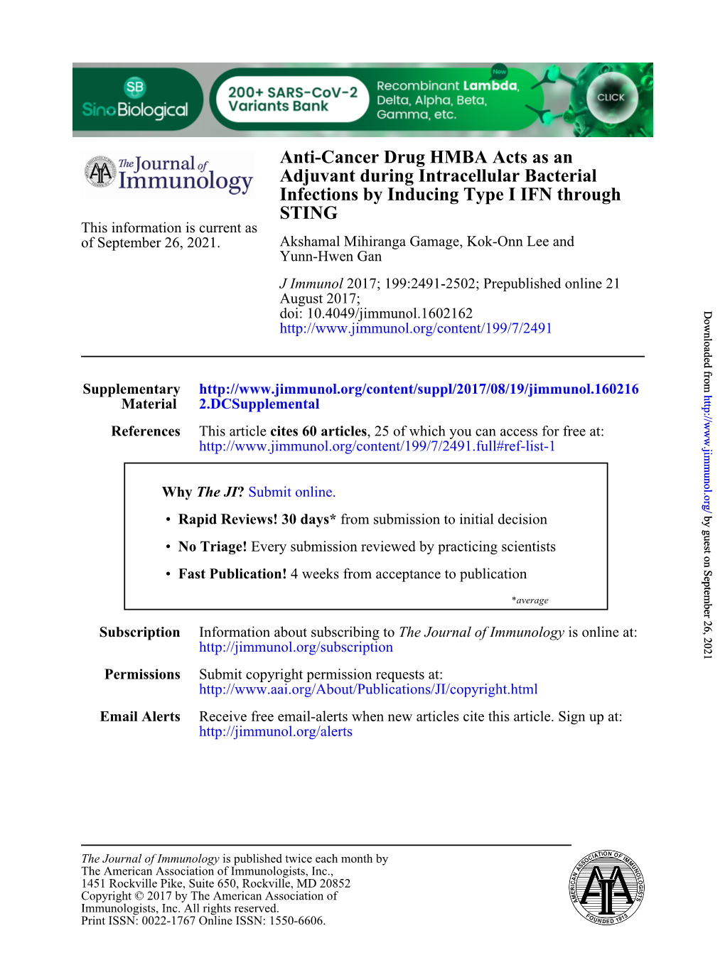 Anti-Cancer Drug HMBA Acts As an Adjuvant During Intracellular Bacterial Infections by Inducing Type I IFN Through STING