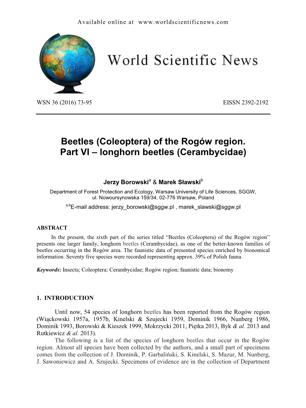 Beetles (Coleoptera) of the Rogów Region. Part VI – Longhorn Beetles (Cerambycidae)