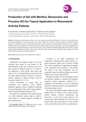 Production of Gel with Menthol, Benzocaine and Procaine Hcl for Topical Application in Rheumatoid Arthritis Patients