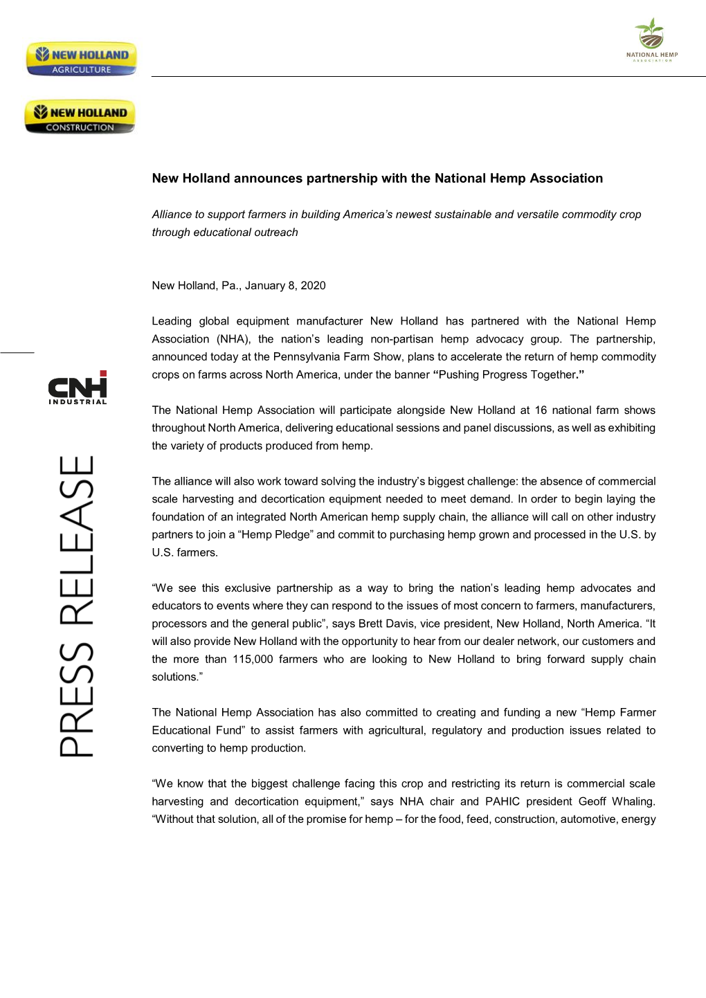 New Holland Announces Partnership with the National Hemp Association