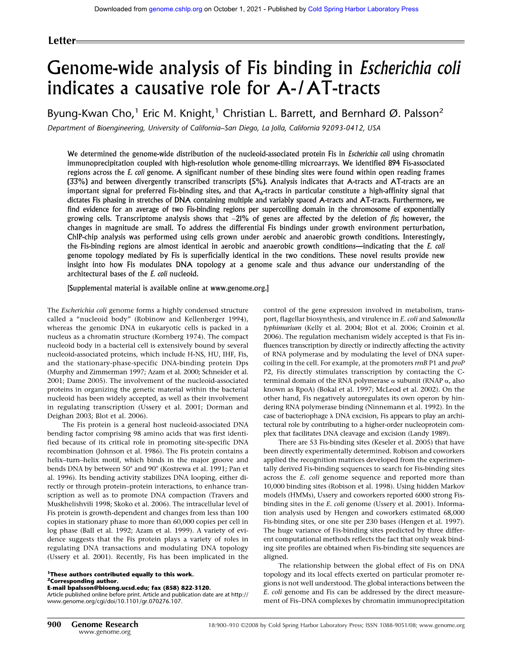 Genome-Wide Analysis of Fis Binding in Escherichia Coli Indicates a Causative Role for A-/AT-Tracts