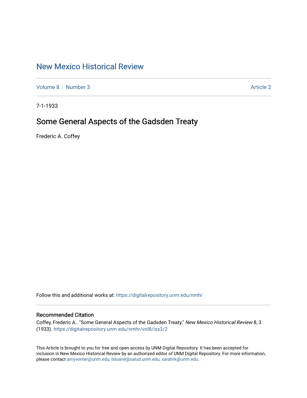 Some General Aspects of the Gadsden Treaty