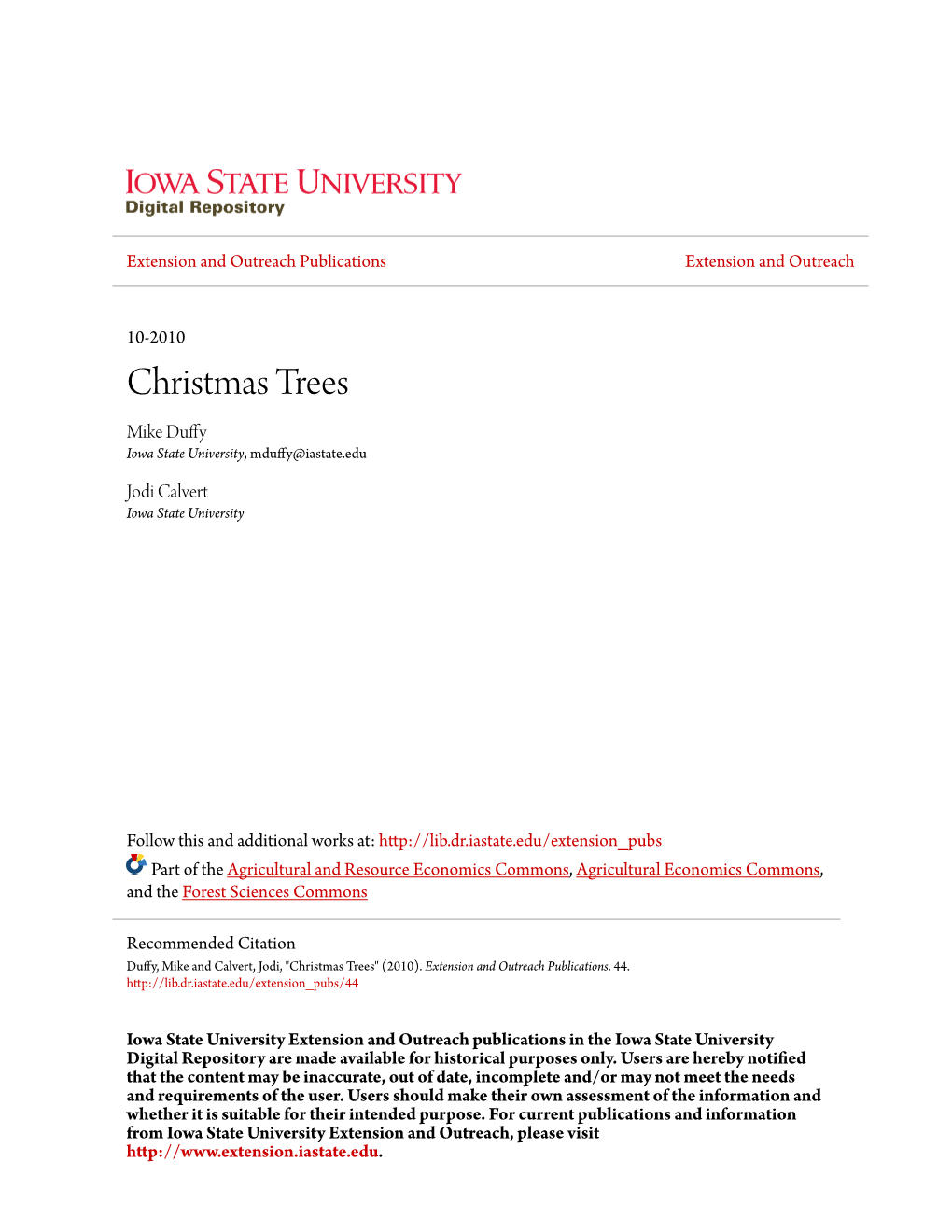 Christmas Trees Mike Duffy Iowa State University, Mduffy@Iastate.Edu