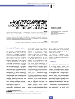 COLQ-MUTANT CONGENITAL MYASTHENIC SYNDROME with MICROCEPHALY: a UNIQUE CASE Sulaiman Bazee Al-Mobarak1, with LITERATURE REVIEW Mohammad A