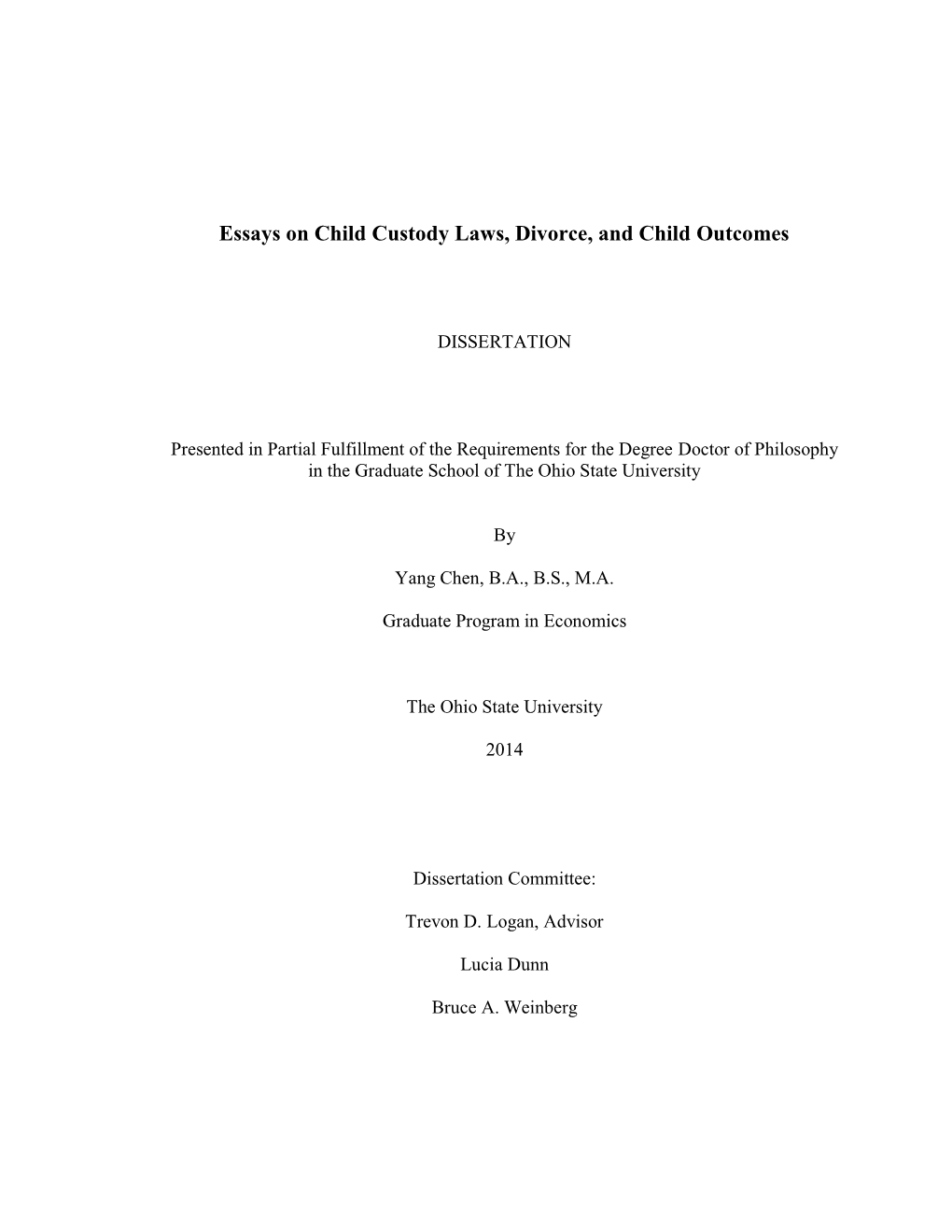 Essays on Child Custody Laws, Divorce, and Child Outcomes