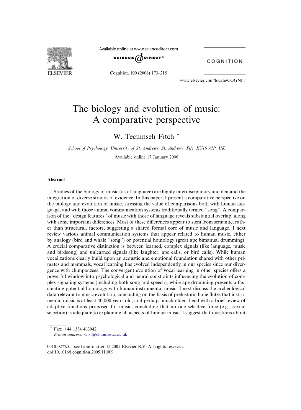 The Biology and Evolution of Music: a Comparative Perspective