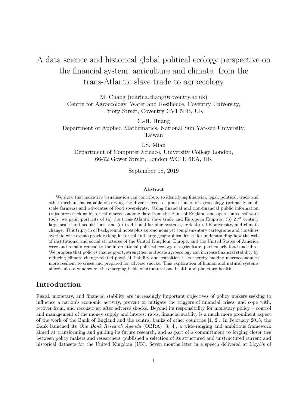 A Data Science and Historical Global Political Ecology Perspective on the ﬁnancial System, Agriculture and Climate: from the Trans-Atlantic Slave Trade to Agroecology