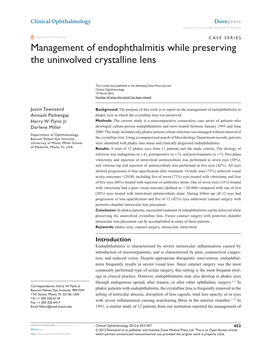 Management of Endophthalmitis While Preserving the Uninvolved Crystalline Lens