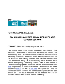 Polaris Music Prize Announces Polaris Cover Sessions