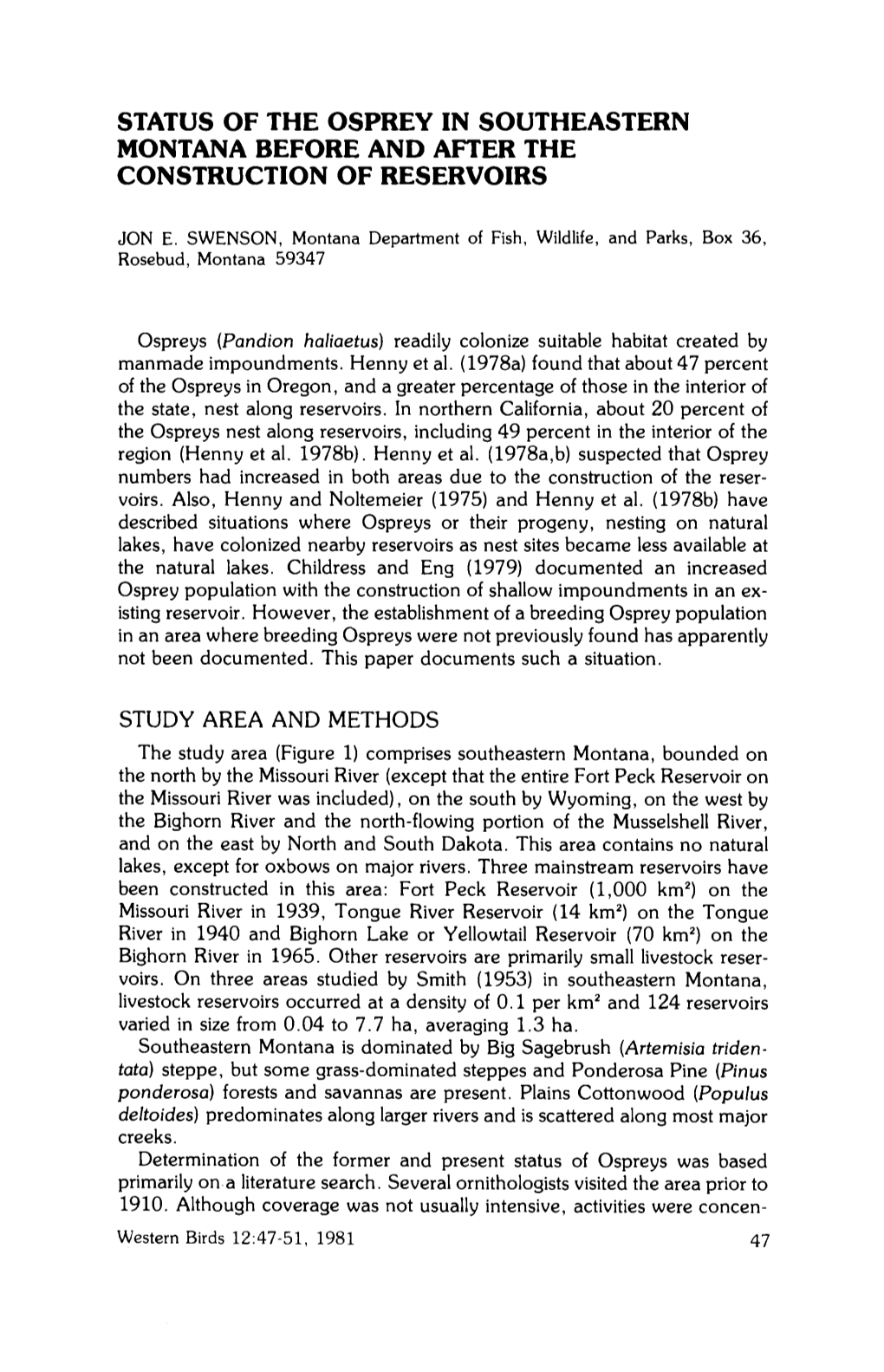 Status of the Osprey in Southeastern Montana Before and After the Construction of Reservoirs