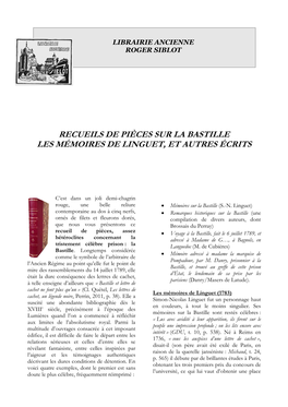 Recueils De Pièces Sur La Bastille Les Mémoires De Linguet, Et Autres Écrits