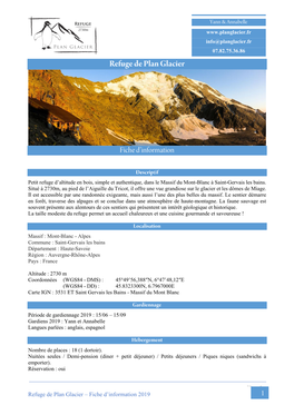 Refuge De Plan Glacier – Fiche D'information 2019 [Date]