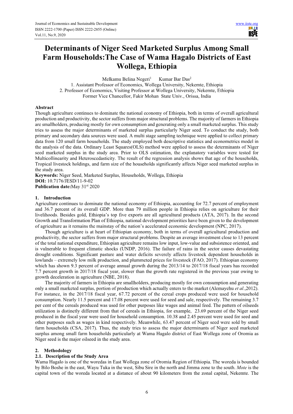 Determinants of Niger Seed Marketed Surplus Among Small Farm Households:The Case of Wama Hagalo Districts of East Wollega, Ethiopia