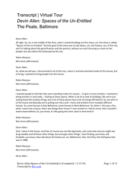 Transcript | Virtual Tour Devin Allen: Spaces of the Un-Entitled the Peale, Baltimore