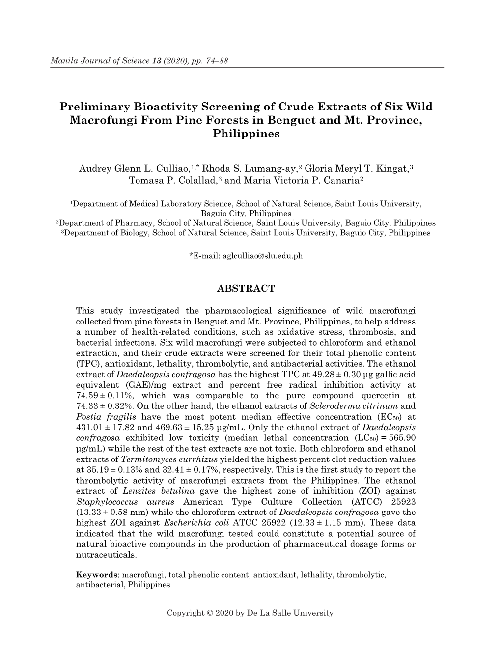 Preliminary Bioactivity Screening of Crude Extracts of Six Wild Macrofungi from Pine Forests in Benguet and Mt