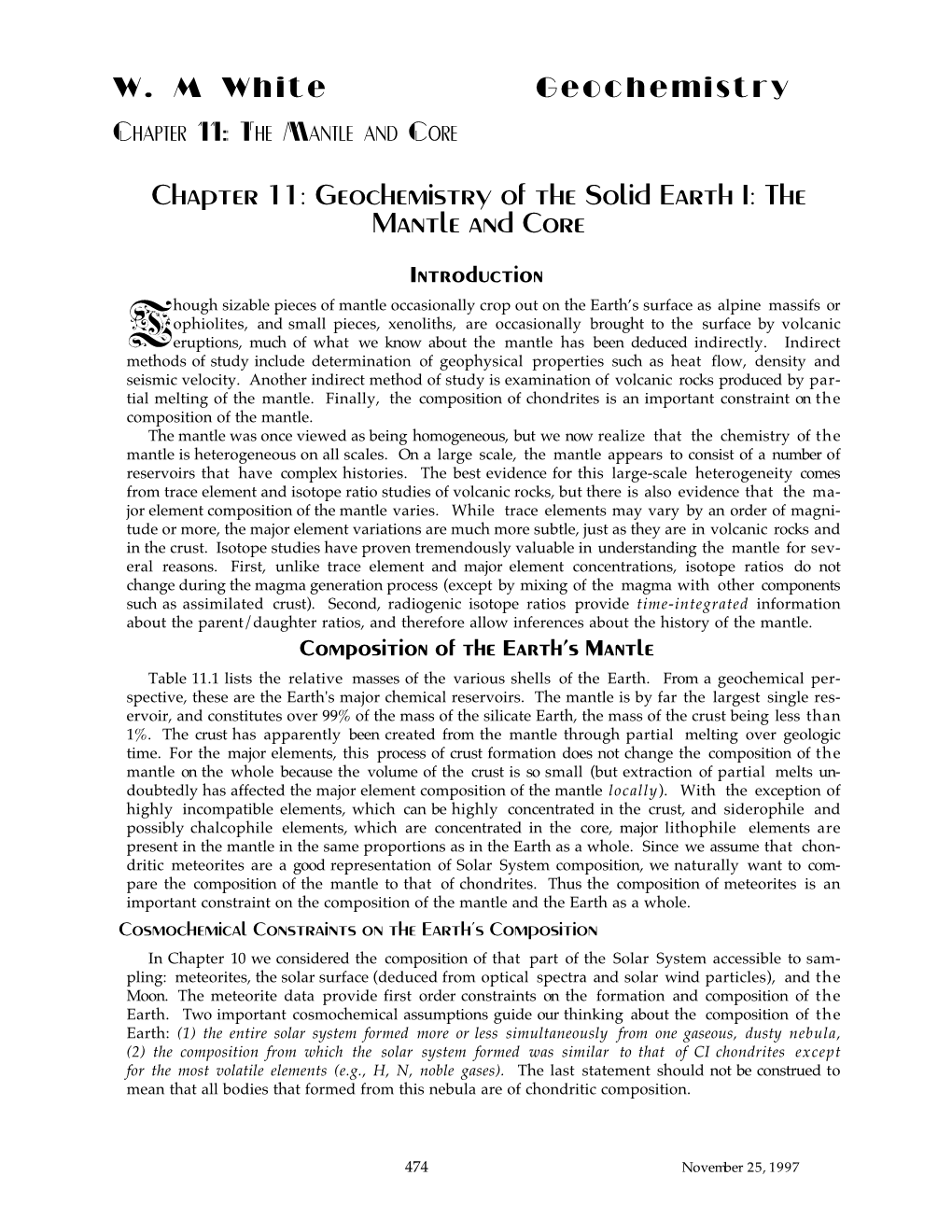 The Mantle and Core Chapter 11: Geochemistry of the Solid Earth I
