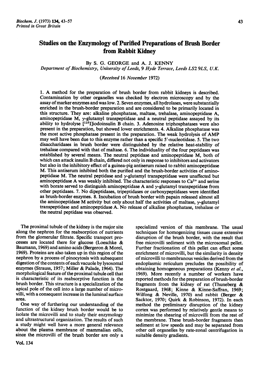 Studies on Theenzymology of Purified Preparations of Brush Border