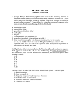 ECE 646 – Fall 2010 Multiple-Choice Test