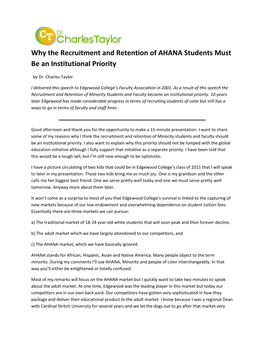 Why the Recruitment and Retention of AHANA Students Must Be an Institutional Priority