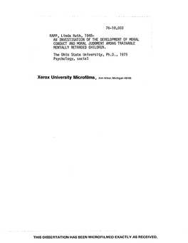 RAPP, Linda Ruth, 1948- an INVESTIGATION of the DEVELOPMENT of MORAL CONDUCT and MORAL JUDGMENT AMONG TRAINABLE MENTALLY RETARDED CHILDREN