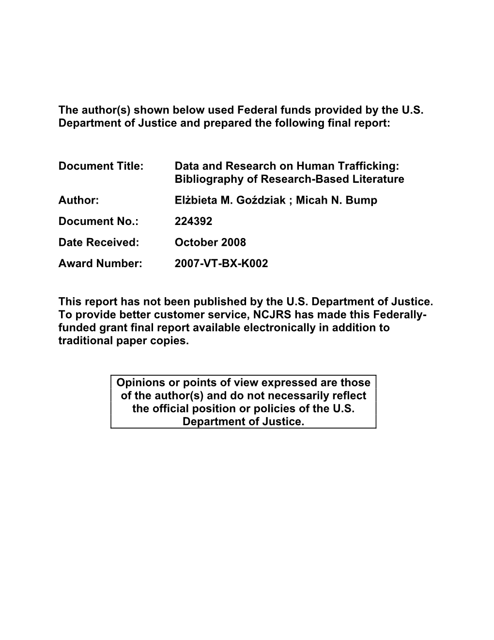 "Data and Research on Human Trafficking: Bibliography Of