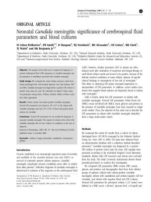 Neonatal Candida Meningitis: Signiﬁcance of Cerebrospinal ﬂuid Parameters and Blood Cultures