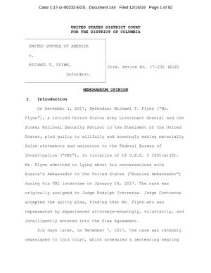 UNITED STATES DISTRICT COURT for the DISTRICT of COLUMBIA UNITED STATES of AMERICA V. MICHAEL T. FLYNN, Defendant. Crim. Action