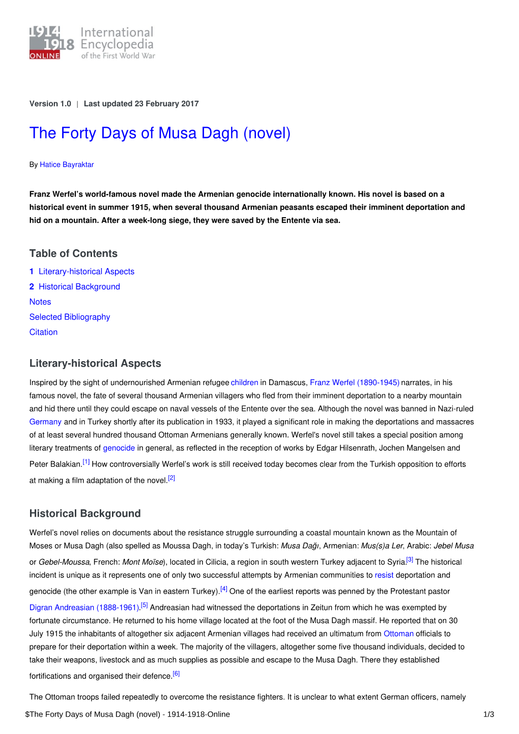 The Forty Days of Musa Dagh (Novel) | International Encyclopedia of The