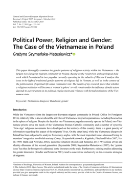 Political Power, Religion and Gender: the Case of the Vietnamese in Poland Grażyna Szymańska-Matusiewicz*