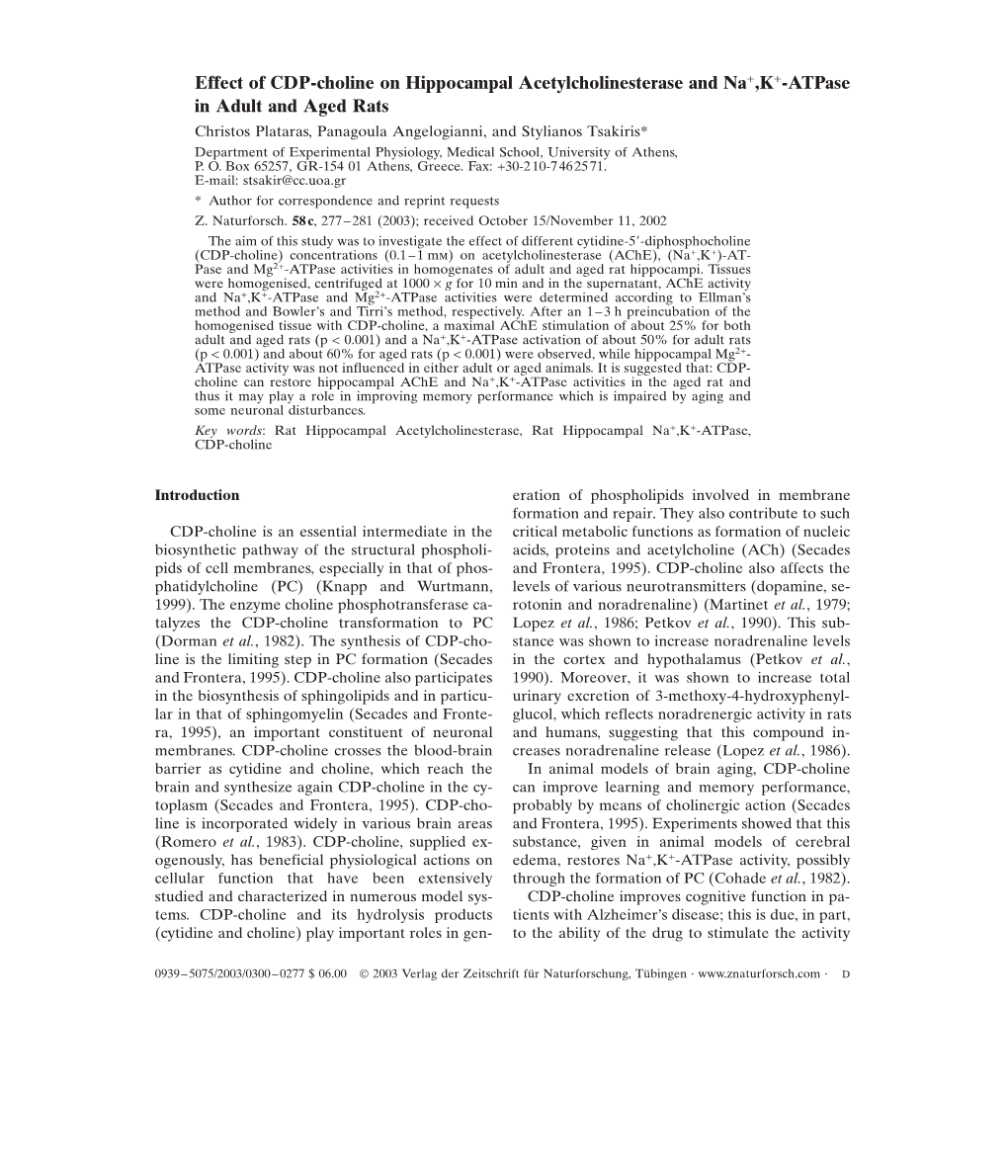 Effect of CDP-Choline on Hippocampal Acetylcholinesterase and Na+,K+