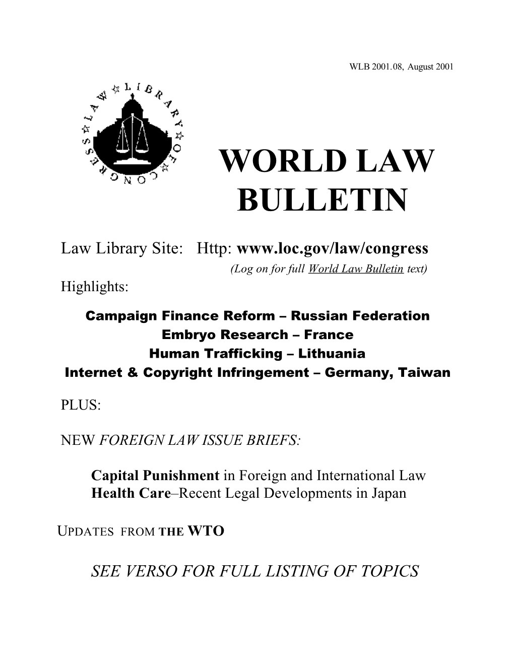 World Law Bulletin, August 2001