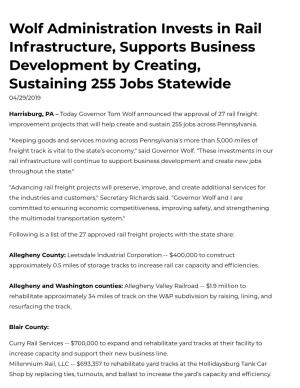 Wolf Administration Invests in Rail Infrastructure, Supports Business Development by Creating, Sustaining 255 Jobs Statewide 04/29/2019