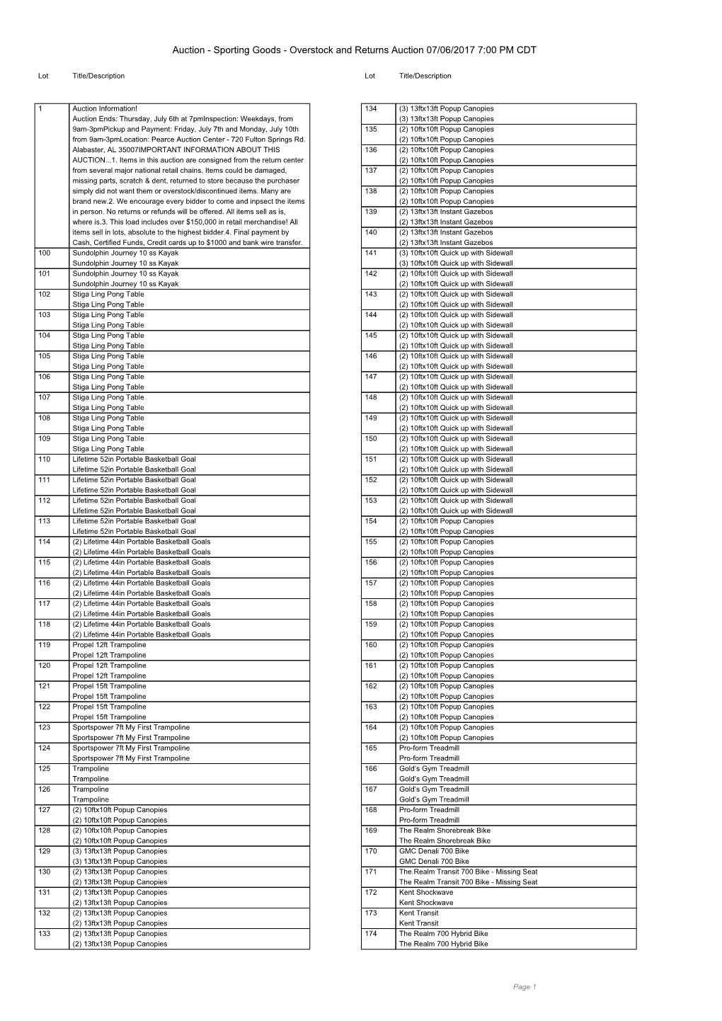 Sporting Goods - Overstock and Returns Auction 07/06/2017 7:00 PM CDT