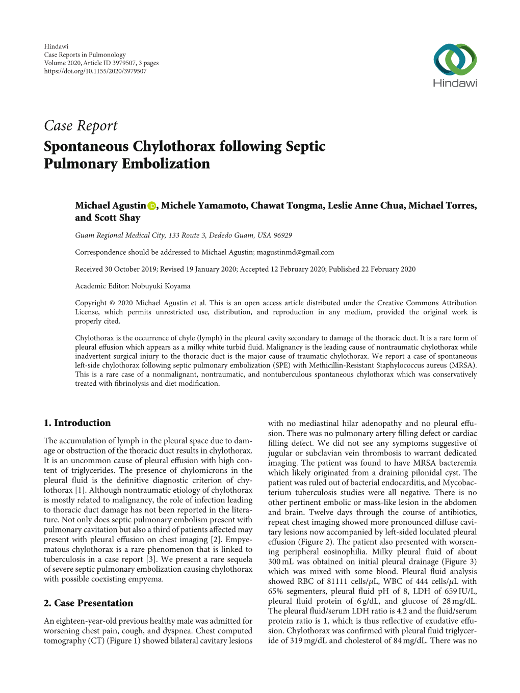 Spontaneous Chylothorax Following Septic Pulmonary Embolization