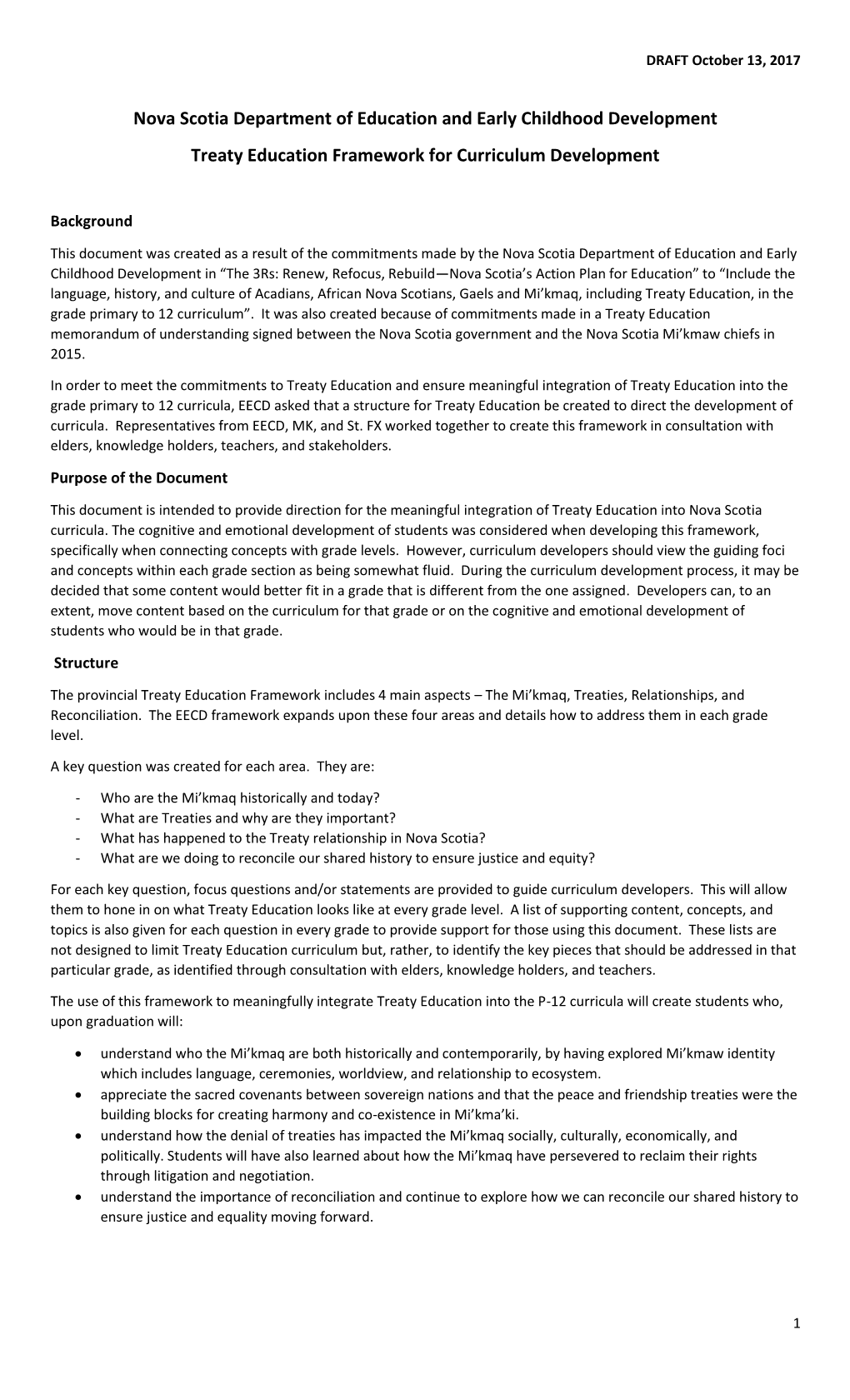 Treaty Education Framework for Curriculum Development