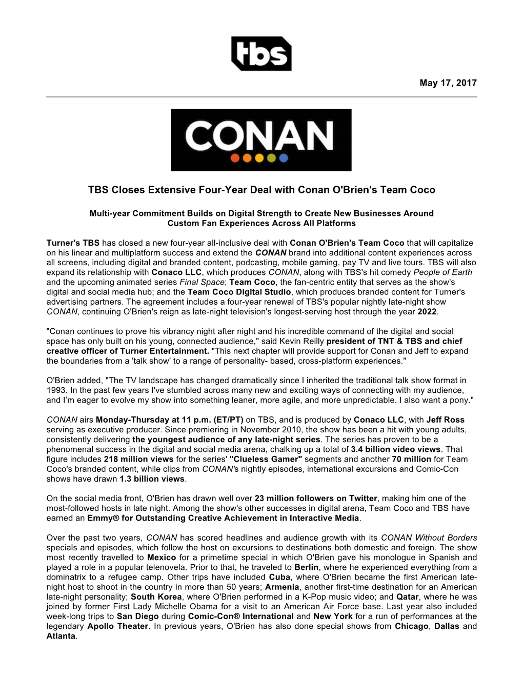 TBS Closes Extensive Four-Year Deal with Conan O'brien's Team Coco