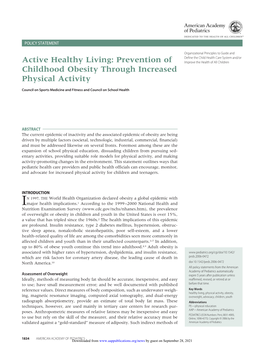 Prevention of Childhood Obesity Through Increased Physical Activity Pediatrics 2006;117;1834 DOI: 10.1542/Peds.2006-0472