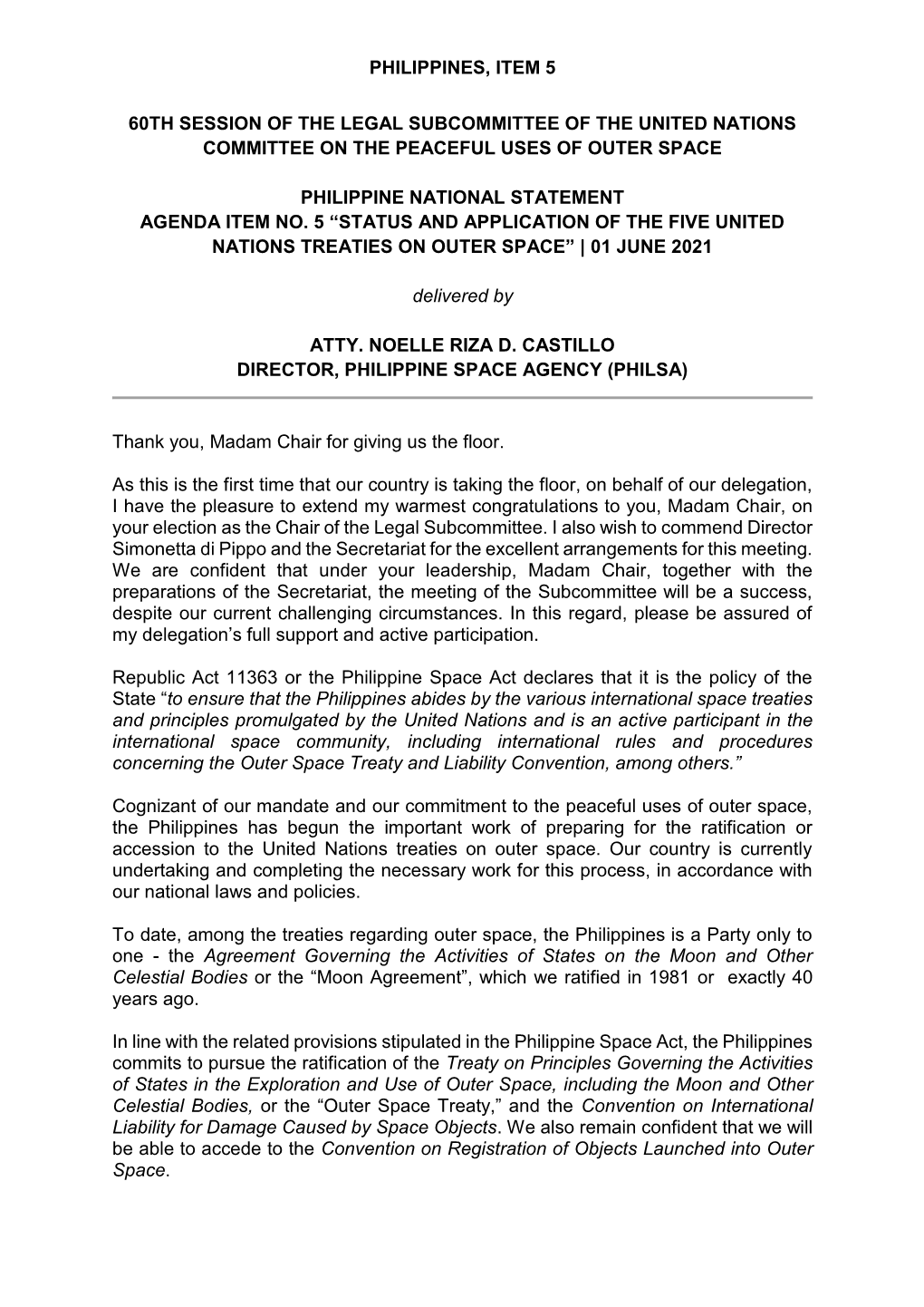 Philippines, Item 5 60Th Session of the Legal Subcommittee