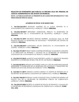 Relacion De Expedientes Que Publica La Tercera Sala Del Tribunal De Justicia Administrativa Del Estado De Morelos