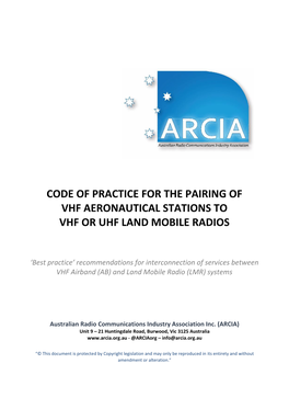 Code of Practice for the Pairing of Vhf Aeronautical Stations to Vhf Or Uhf Land Mobile Radios