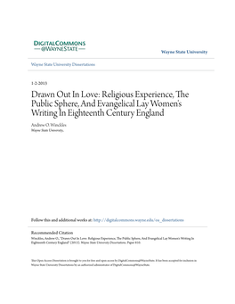 Religious Experience, the Public Sphere, and Evangelical Lay Women's Writing in Eighteenth Century England Andrew O