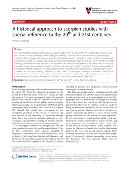 A Historical Approach to Scorpion Studies with Special Reference to the 20Th and 21St Centuries Wilson R Lourenço