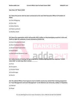 Bankersadda.Com Current Affairs Quiz for Bank Exams 2020 Adda247.Com for Any Banking/Insurance Exam Assistance, Give a Missed Ca