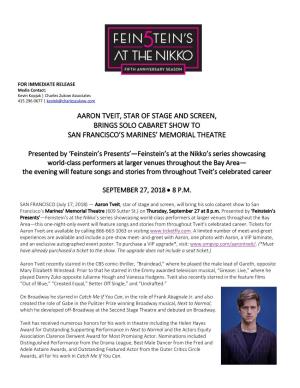 Aaron Tveit, Star of Stage and Screen, Brings Solo Cabaret Show to San Francisco’S Marines’ Memorial Theatre