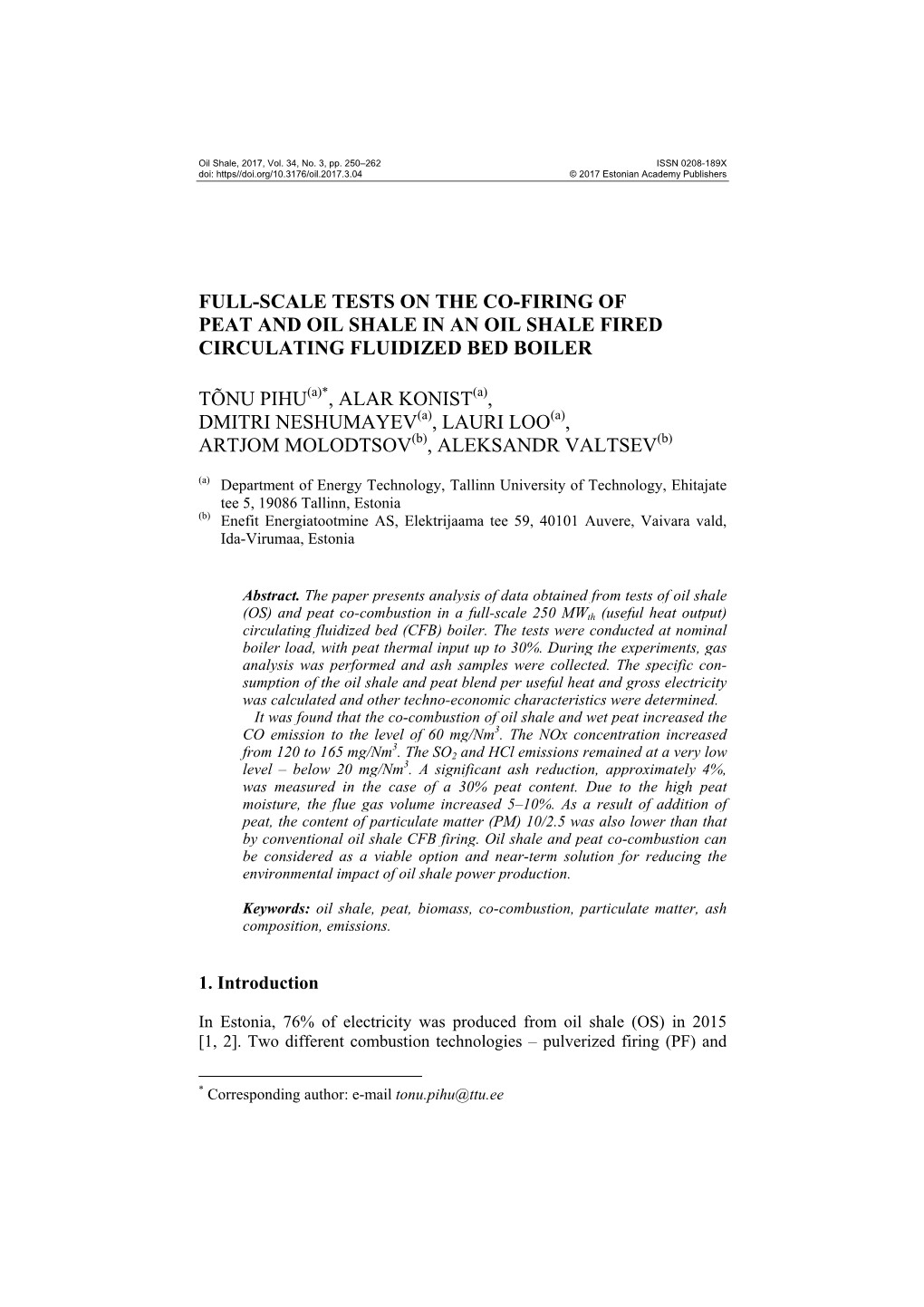 Full-Scale Tests on the Co-Firing of Peat and Oil Shale in an Oil Shale Fired Circulating Fluidized Bed Boiler