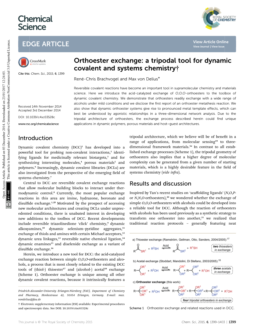 Orthoester Exchange: a Tripodal Tool for Dynamic Covalent and Systems Chemistry† Cite This: Chem