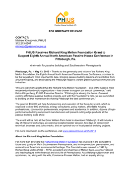 PHIUS Receives Richard King Mellon Foundation Grant to Support Eighth Annual North American Passive House Conference in Pittsburgh, Pa