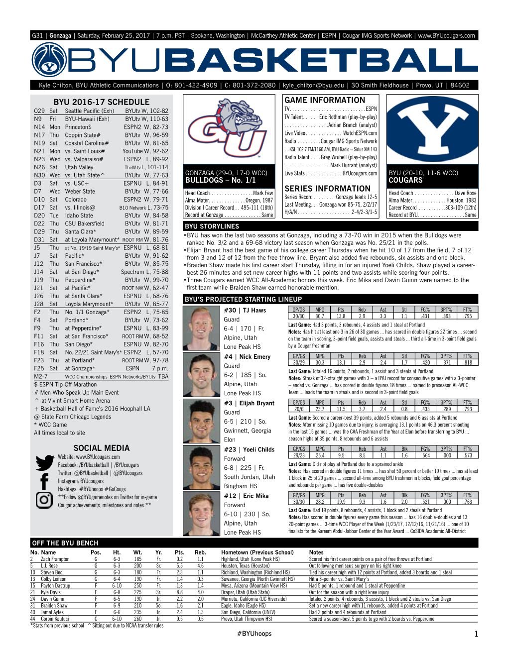 Byu 2016-17 Schedule Social Media 1 Game Information Series Information