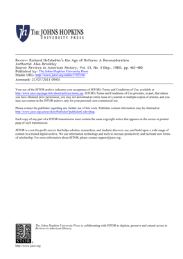 Richard Hofstadter's the Age of Reform: a Reconsideration Author(S): Alan Brinkley Source: Reviews in American History, Vol